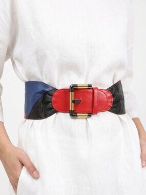 Vintage Colourblock Faux Leather Wide Cinch Belt Red Blue Black Gold Buckle
